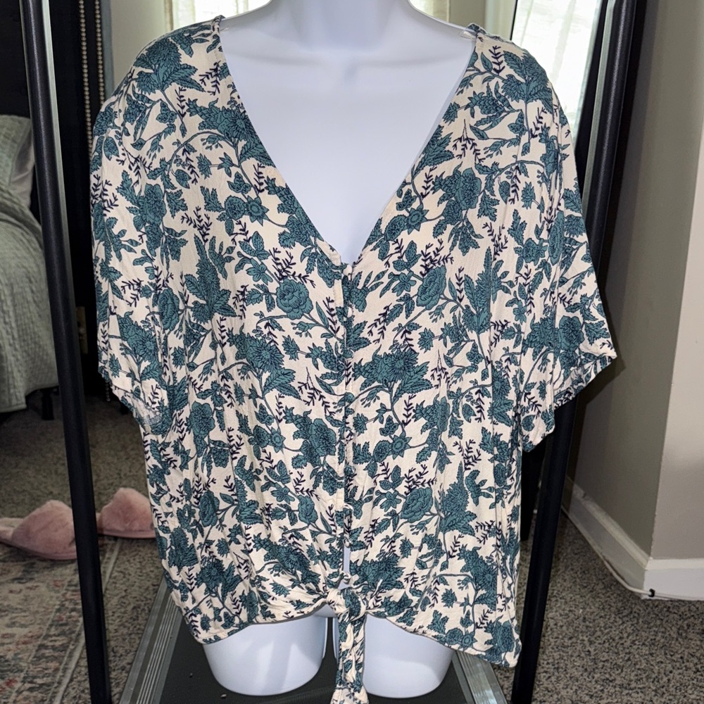 dip Cream Blouse with Teal Floral Print and Front Tie